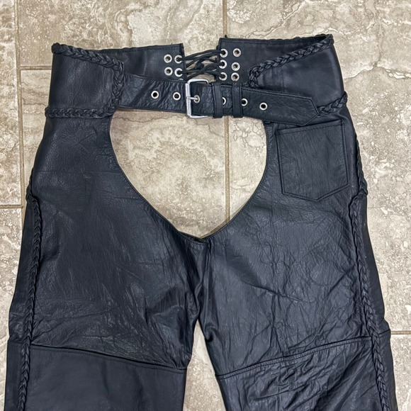 Vintage Hot Leathers Motorcycle Chaps Braided Trim Biker Womens Sz XS - Picture 2 of 9